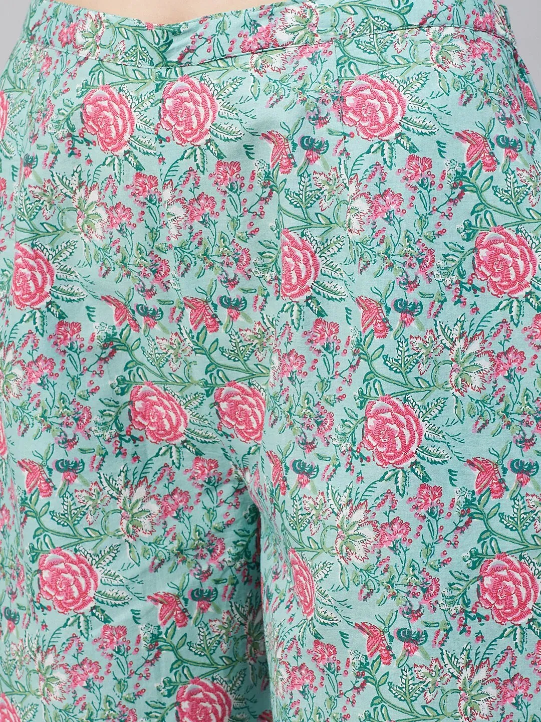 Women'S Green & Pink Printed Kurta With Palazzos