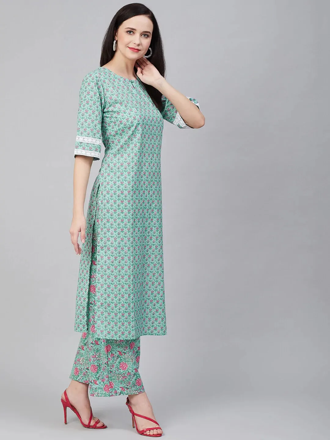 Women'S Green & Pink Printed Kurta With Palazzos