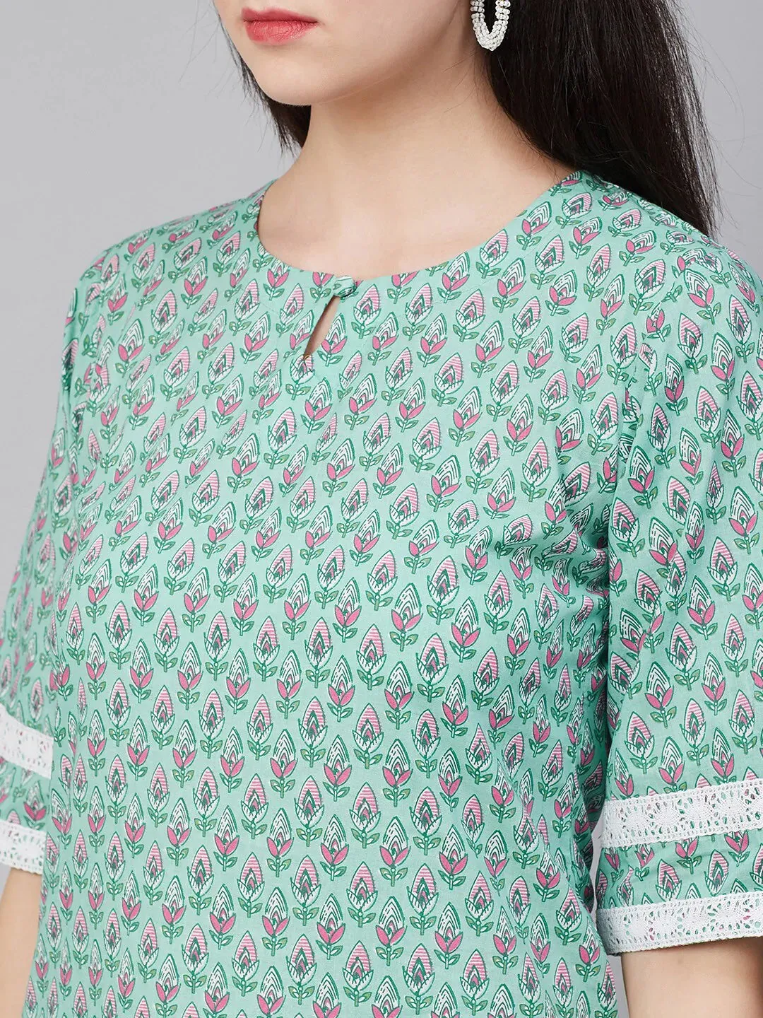 Women'S Green & Pink Printed Kurta With Palazzos